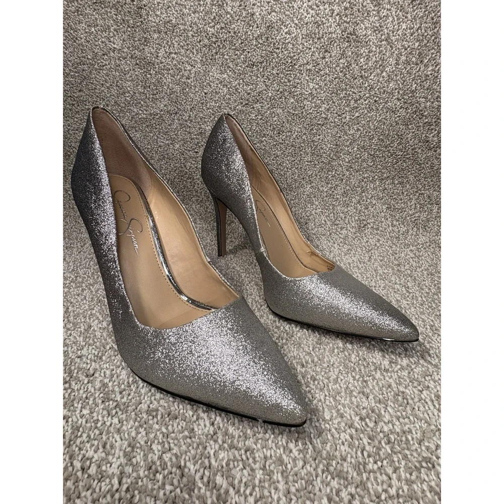 Jessica Simpson Silver Glitter Pumps Women's 8M Pointy Toe High Heel Dress Shoes
